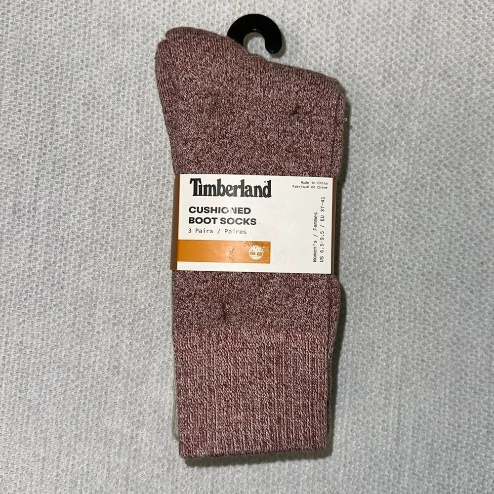 Timberland Beige Heather Burgundy Tan W6.5-9.5 Knit Cushioned Boot Socks 3 Pack